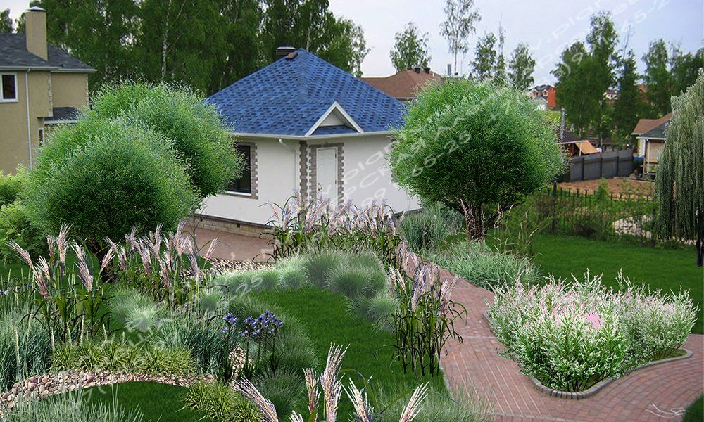Ландшафтный дизайн сада участка 12 соток - вид от дома на баню и садовые дорожки